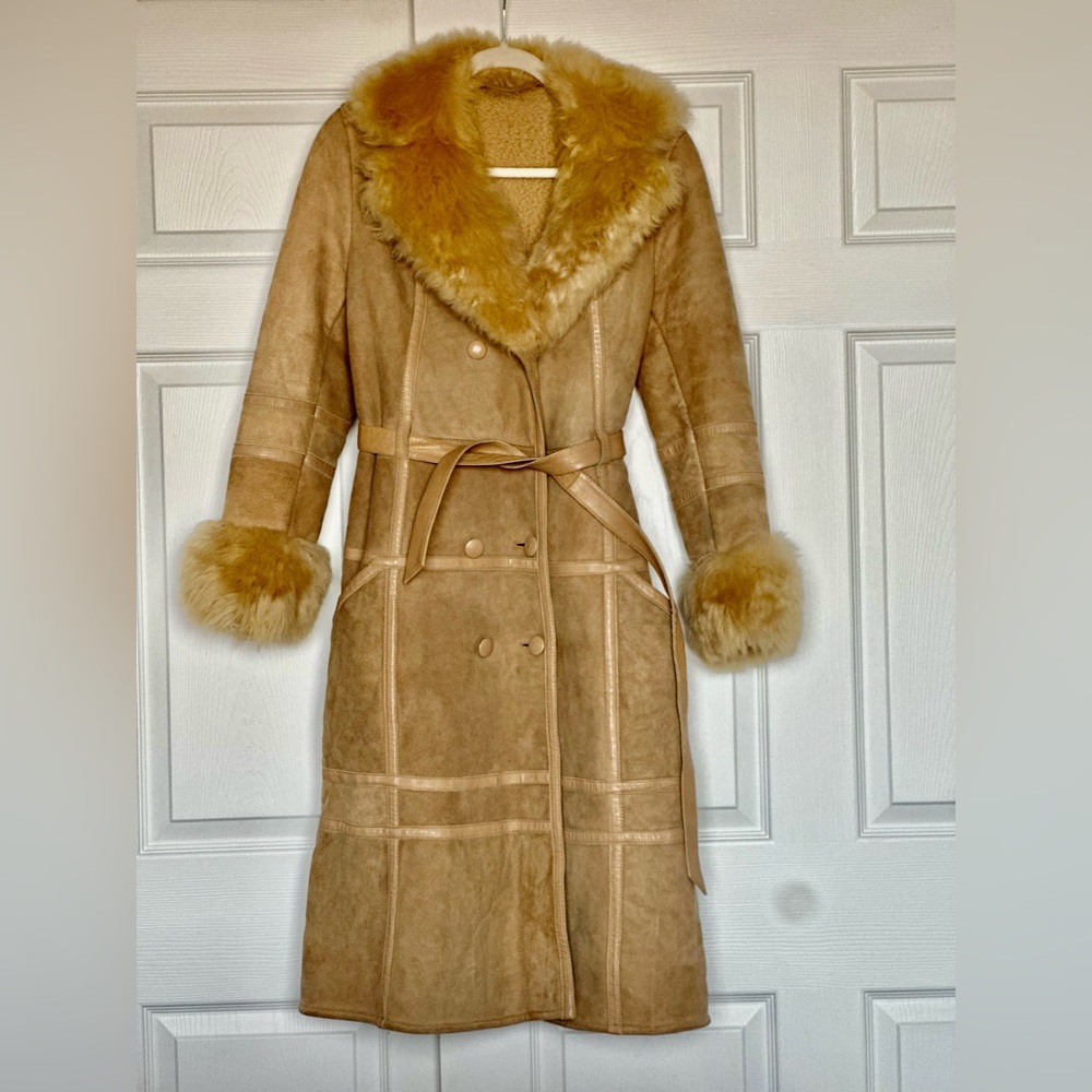 Penny Lane French Shearling Fur Vintage Suede Trench Coat with Leather Belt